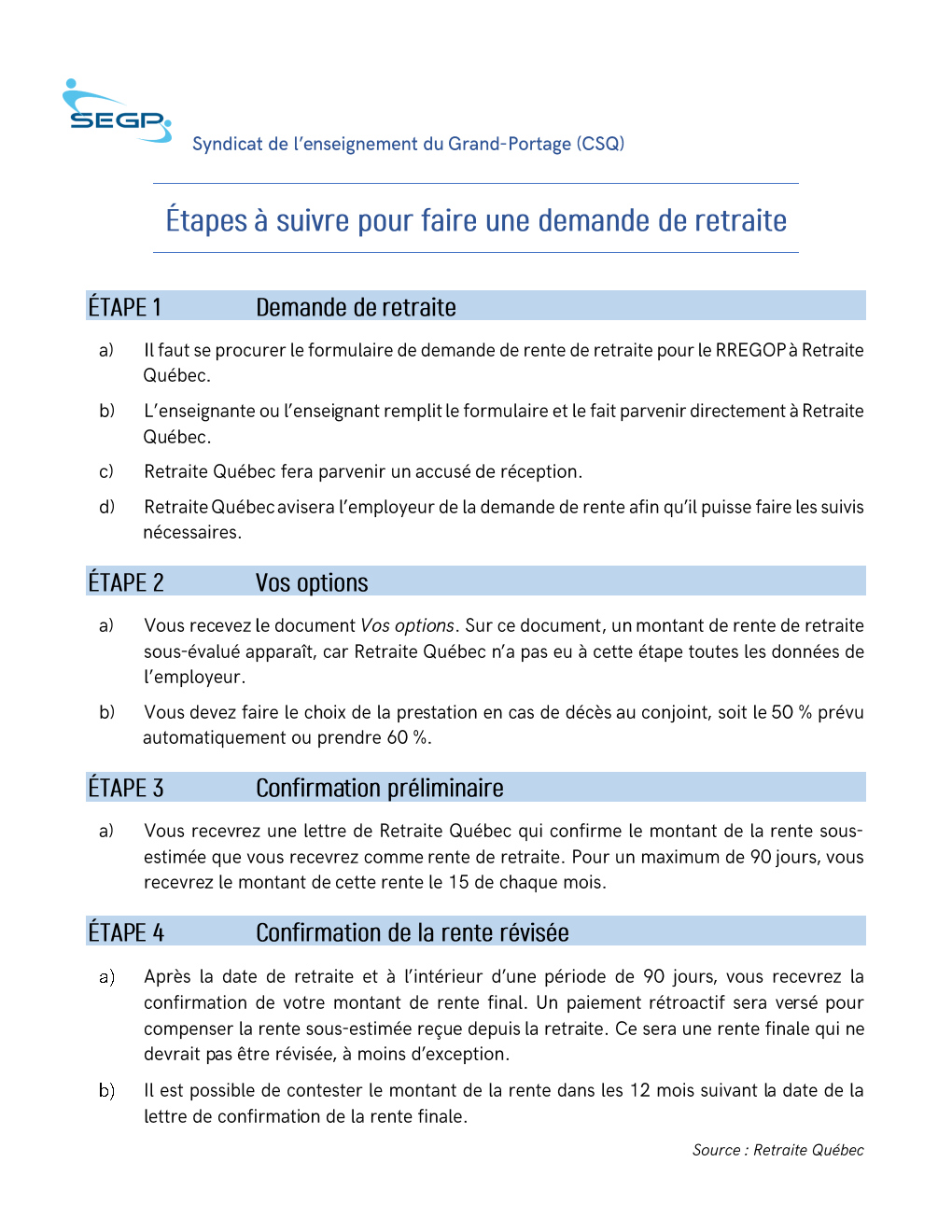 Segp Retraite | Syndicat de l'enseignement du Grand-Portage (SEGP)